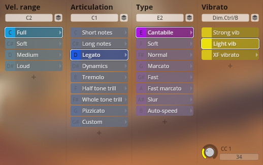 Screenshot of Vienna Symphonic Library Synchron Instruments user interface, showing selected options for Vel. range (Full), Articulation (Legato), Type (Cantabile), and Vibrato (Light vib) for configuring virtual strings.