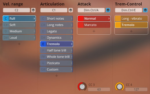 Screenshot of the Vienna Symphonic Library Synchron Strings I interface, displaying options for Velocity range, Articulation, Attack, and Trem-Control, with Tremolo selected for both Articulation and Trem-Control.