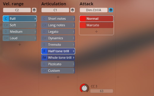 Graphic user interface for Synchron Strings I, displaying options for Velocity Range, Articulation, and Attack, including Half Tone Trill and Normal attack settings.