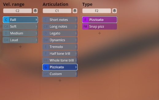 User interface for Vienna Symphonic Library Synchron Strings I, showing Vel. range, Articulation, and Type options with Pizzicato selected.