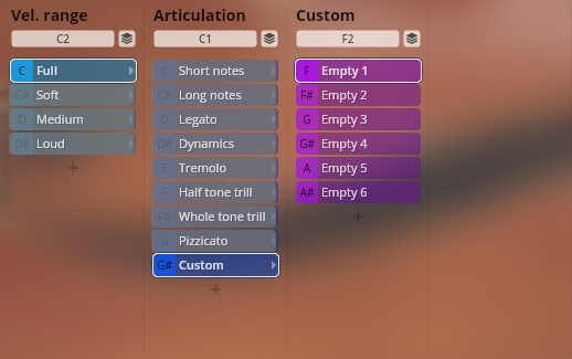 Screenshot of the Synchron Player software showing options for velocity range, articulation, and custom settings for musical instrument sounds titled Vel. range C2, Articulation C1, and Custom F2.