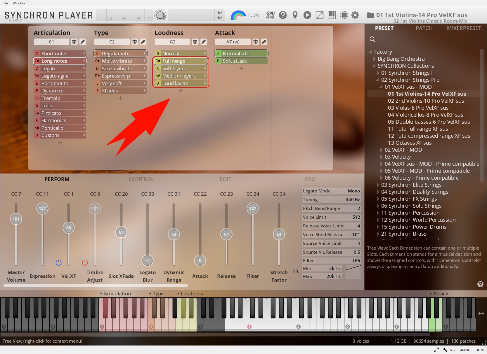 Graphical user interface of the Vienna Symphonic Library Synchron Player with highlighted elements for Orchestra presets, Loudness, and detailed control parameters.
