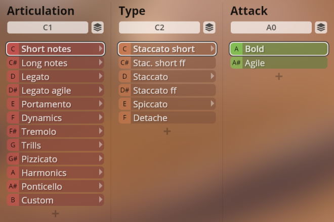 User interface displaying options for musical instrument articulations, types, and attacks, common in virtual instrument software like SYNCHRON Strings Pro.