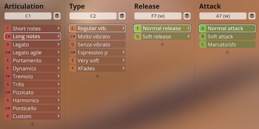 Graphical user interface of Vienna Symphonic Library Synchron Strings Pro showing Articulation, Type, Release, and Attack settings for instrument sound samples. Long notes are selected under Articulation.