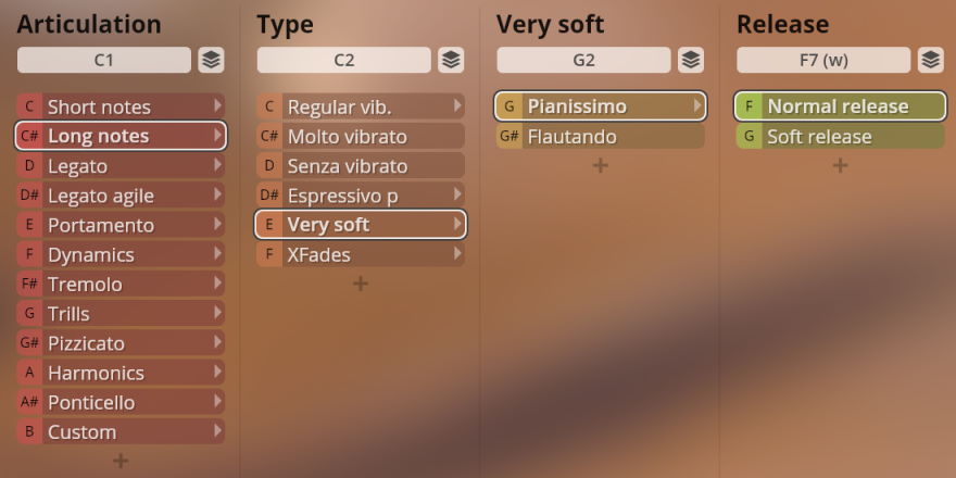 User interface for SYNCHRON Strings Pro virtual instrument with selected settings: Articulation Long notes, Type Very soft, Pianissimo dynamic, and Normal release.
