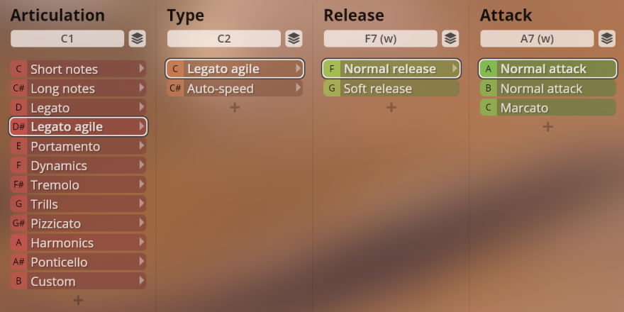 User interface showing selectable options for articulation, type, release, and attack for Synchron Strings Pro virtual instruments, with Legato Agile highlighted.