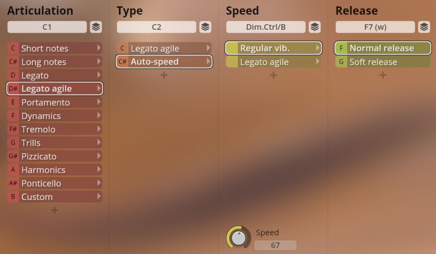 User interface for Vienna Symphonic Library Synchron Strings Pro, displaying articulation options like legato agile, speed settings including regular vibrato, and release types such as normal release for musical phrasing.