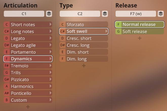 User interface showing articulation, type, and release settings for SYNCHRON Strings Pro, with Dynamics, Soft swell, and Normal release selected.