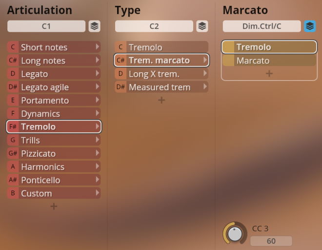 Screenshot of the SYNCHRON Strings Pro virtual instrument interface showing Articulation, Type, and Marcato sections with Tremolo selected.