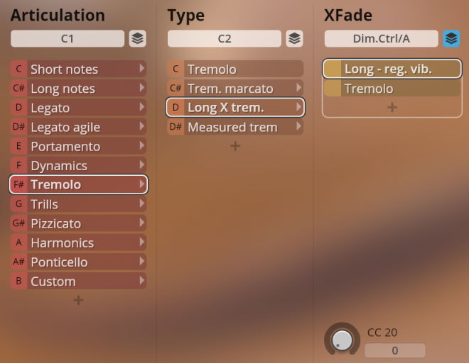 User interface showing Vienna Symphonic Library Synchron Strings Pro articulation and type settings, with Tremolo selected for both and Long - reg. vib. and Tremolo options under XFade.