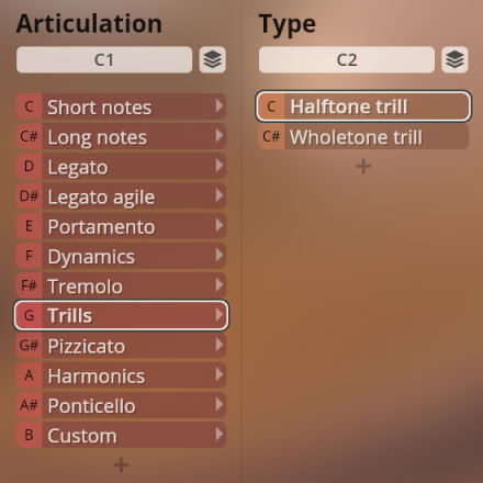 User interface displaying articulation choices and trill types for Synchron Strings Pro, including Short notes, Legato, Tremolo, and Halftone trill options.