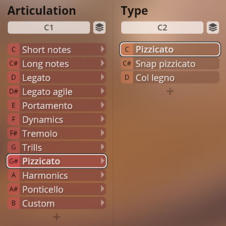 User interface for Synchron Strings Pro showing selected Pizzicato articulation and type options