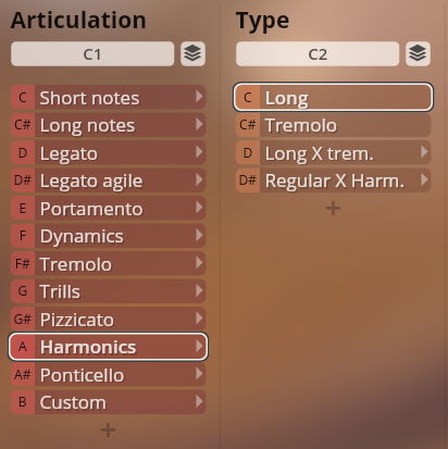 User interface for Synchron Strings Pro showing Articulation types like Harmonics, Legato, Pizzicato, Tremolo, and Note types like Long and Short.