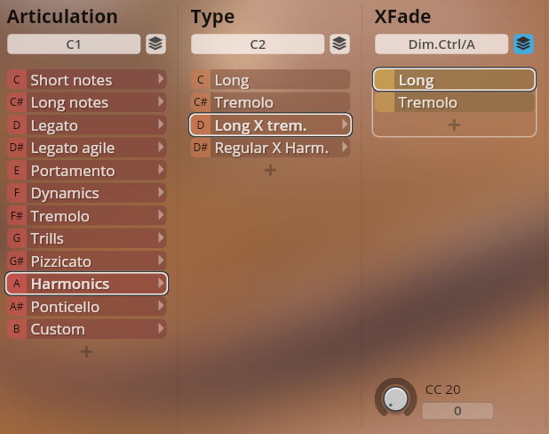 Vienna Symphonic Library Synchron Strings Pro interface displaying articulation, type, and crossfade (XFade) options for orchestral string sounds, including Harmonics, Long, and Tremolo selections.