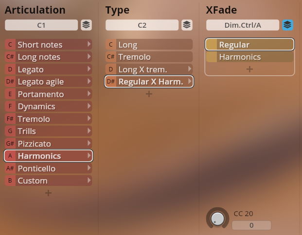 Synchron Strings Pro virtual instrument interface showing articulation, type, and crossfade settings for musical sound design.