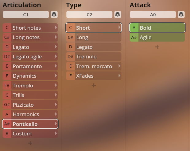 User interface for Vienna Symphonic Library Synchron Strings Pro showing Articulation, Type, and Attack settings with options like Short notes, Legato, Tremolo, Ponticello, Bold, and Agile selected.