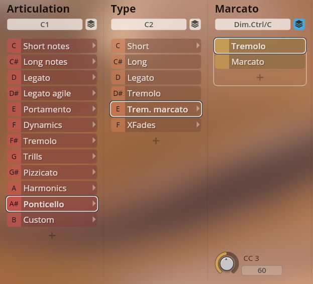 User interface for SYNCHRON Strings Pro software showing articulation, type, and marcato settings with options like tremolo and ponticello.