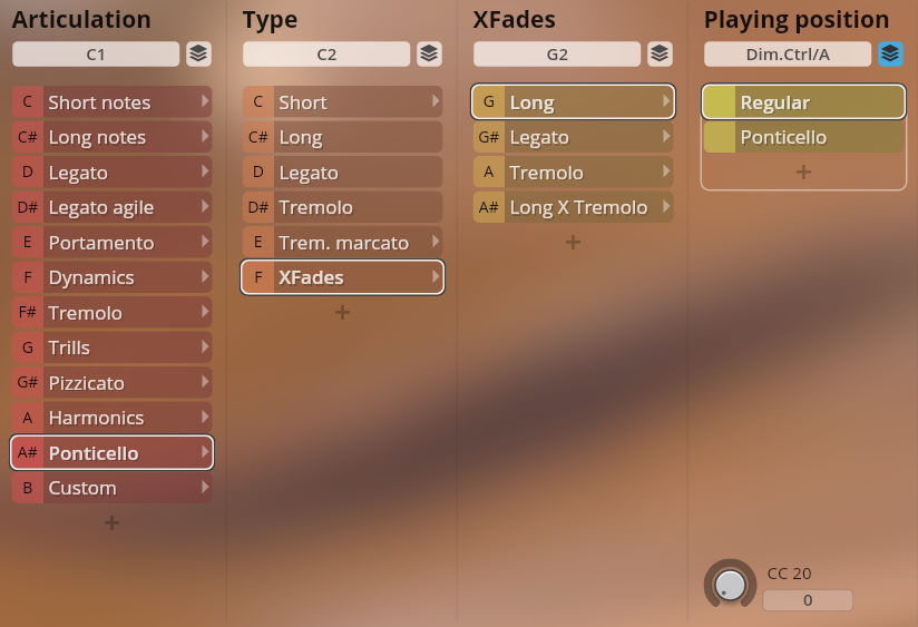Vienna Symphonic Library Synchron Strings Pro interface displaying articulation, type, XFades, and playing position options like Legato, Tremolo, and Ponticello for virtual instruments.