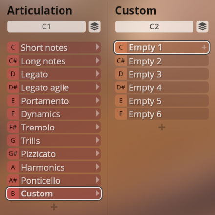 User interface displaying articulation choices and custom settings for Synchron Strings Pro, showing options like Short notes, Long notes, Legato, Portamento, Dynamics, Tremolo, Trills, Pizzicato, Harmonics, Ponticello, and Empty custom slots.