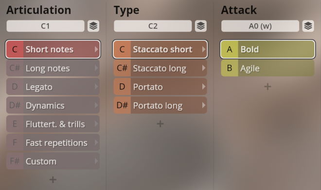 Screenshot of the Synchron Woodwinds virtual instrument interface showing Articulation, Type, and Attack options including Short notes, Staccato short, and Bold.