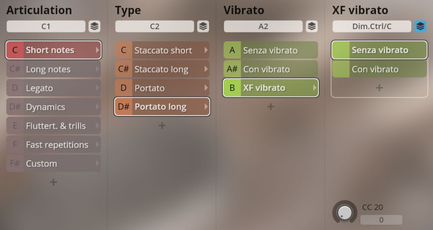 Screenshot of the Synchron Woodwinds virtual instrument interface, displaying articulation, type, vibrato, and XF vibrato controls with various selectable options for musical expression, including short notes, legato, portamento, staccato, and vibrato types.
