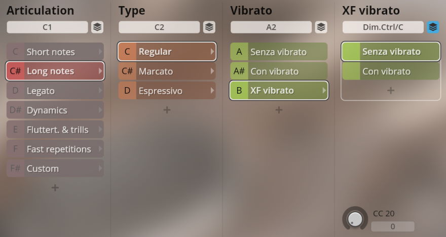 User interface for music software, displaying articulation, type, vibrato, and XF vibrato settings with options like long notes, marcato, senza vibrato, and con vibrato, optimized for Synchron Woodwinds.
