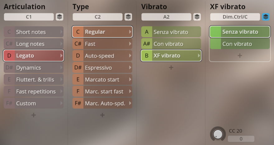 User interface showing sound articulation, type, and vibrato controls for Synchron Woodwinds software, featuring Legato, Regular, and XF vibrato options.