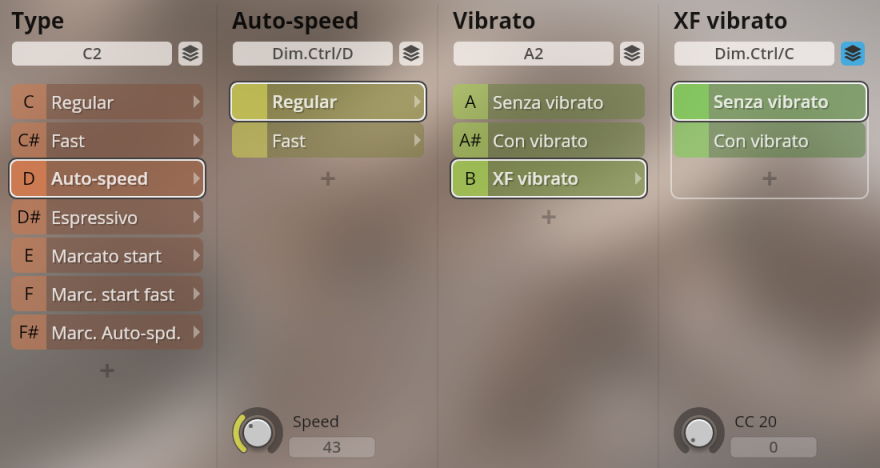 Synchron Woodwinds virtual instrument user interface showing Type, Auto-speed, Vibrato, and XF vibrato settings with Auto-speed selected under Type and Senza vibrato options under Vibrato and XF vibrato.
