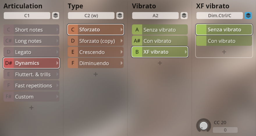 User interface of Synchron Woodwinds virtual instrument displaying Articulation, Type, Vibrato, and XF vibrato settings for controlling sound dynamics and performance.