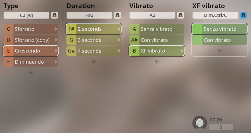 Synchron Woodwinds software interface showing adjustable parameters for instrument articulations including type (Sforzato, Crescendo, Diminuendo), duration (2, 3, 4 seconds), and vibrato options (Senza, Con, XF).