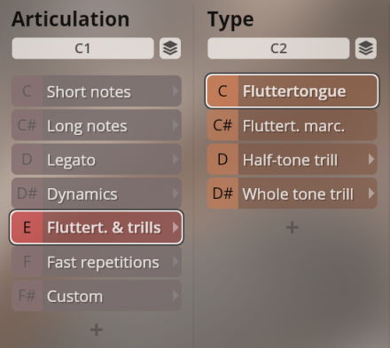 Interface displaying selectable musical articulations and types, including short notes, long notes, legato, dynamics, fluttertongue, half-tone trill, whole tone trill, fluttert. & trills, fast repetitions, and custom.