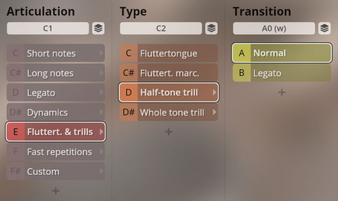 User interface showing instrument articulation, type, and transition options, including flutter tongue, half-tone trill, and legato settings for woodwind samples.