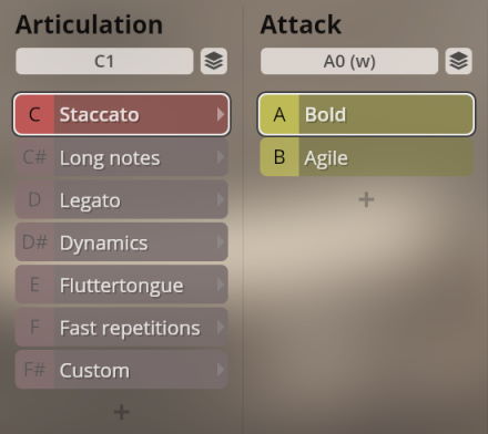 User interface showing woodwind articulation options like Staccato, Legato, Dynamics, and Attack types like Bold for musical instrument sound libraries.