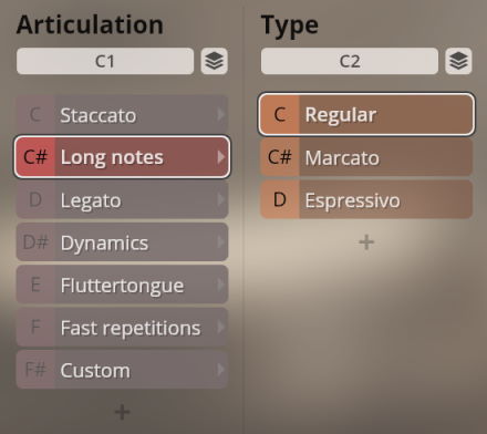 Software interface displaying woodwind articulation and type options, including Long notes, Staccato, Legato, Dynamics, Fluttertongue, Fast repetitions, Custom, Regular, Marcato, and Espressivo.