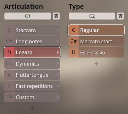 Software interface displaying musical articulation and type options, with Legato selected under Articulation and Regular selected under Type, for Synchron Woodwinds virtual instruments.