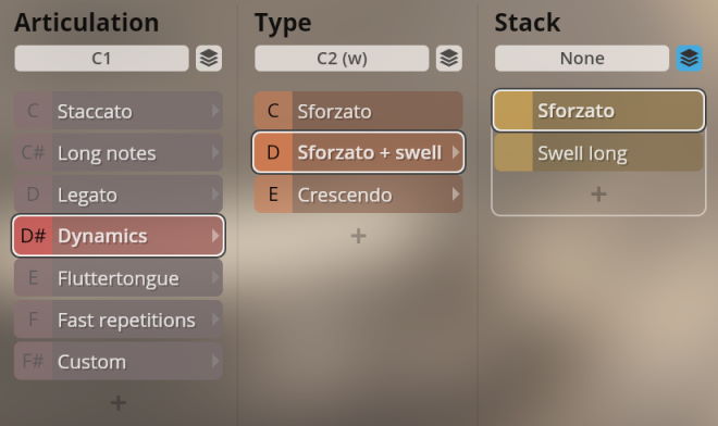 User interface showing musical articulation, type, and stack options for woodwind instruments, highlighting Dynamics, Sforzato + swell, Sforzato, and Swell long selections.