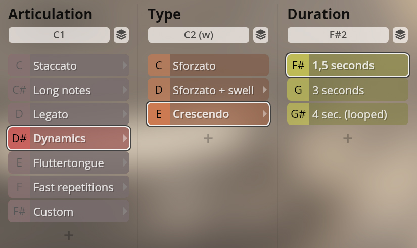 Screenshot of a digital audio workstation interface showing controls for articulation, type, and duration of woodwind samples, with Dynamics, Crescendo, and 1.5 seconds selected.
