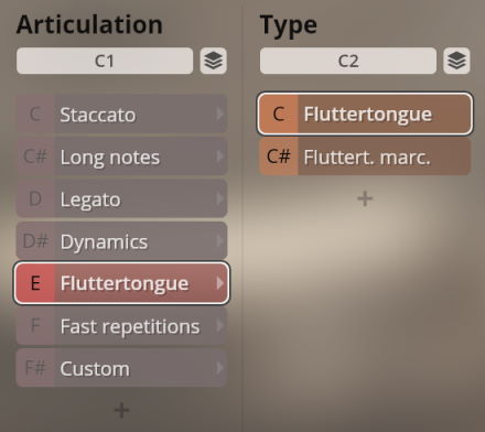 Screenshot of the Synchron Woodwinds virtual instrument interface showing Articulation and Type selection menus, with Fluttertongue highlighted.