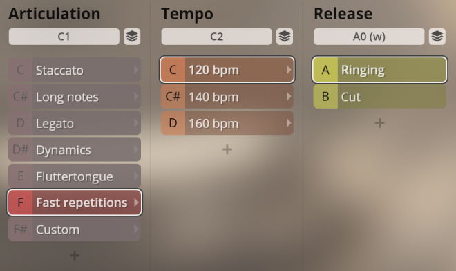 Synchron Woodwinds user interface showing options for articulation, tempo, and release. Articulation selections include Staccato, Long notes, Legato, Dynamics, Fluttertongue, and Fast repetitions. Tempo options are 120 bpm, 140 bpm, and 160 bpm. Release options are Ringing and Cut.