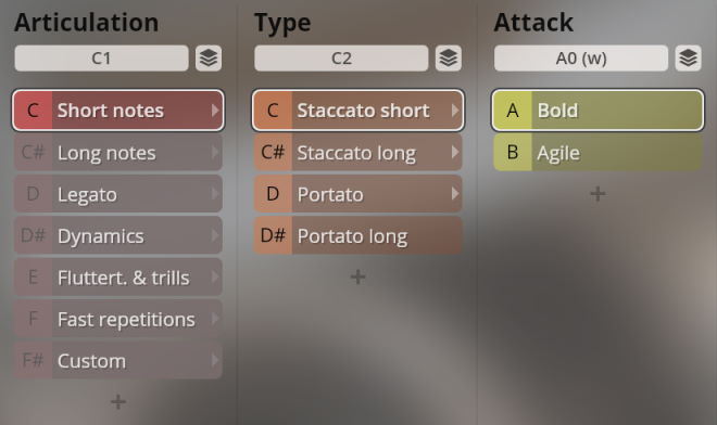 User interface showing articulation, type, and attack controls for Synchron Woodwinds virtual instruments, with 'Short notes', 'Staccato short', and 'Bold' options selected.