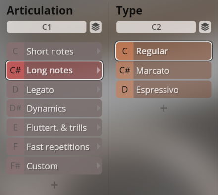 Software interface showing options for articulation types including long notes, short notes, legato, dynamics, fluttert. & trills, fast repetitions, and custom. Sub-options for type include regular, marcato, and espressivo, relevant for Synchron Woodwinds virtual instruments.