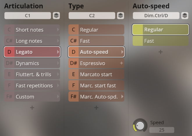 User interface showing sound articulation, type, and auto-speed settings with Legato and Auto-speed D options selected, for Synchron Woodwinds.