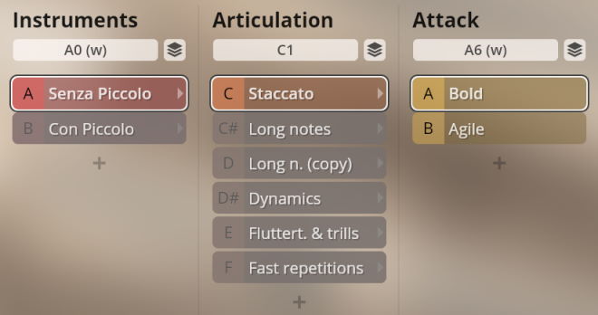 User interface showing settings for Synchron Woodwinds virtual instruments, with selected options for Senza Piccolo (Instruments), Staccato (Articulation), and Bold (Attack).