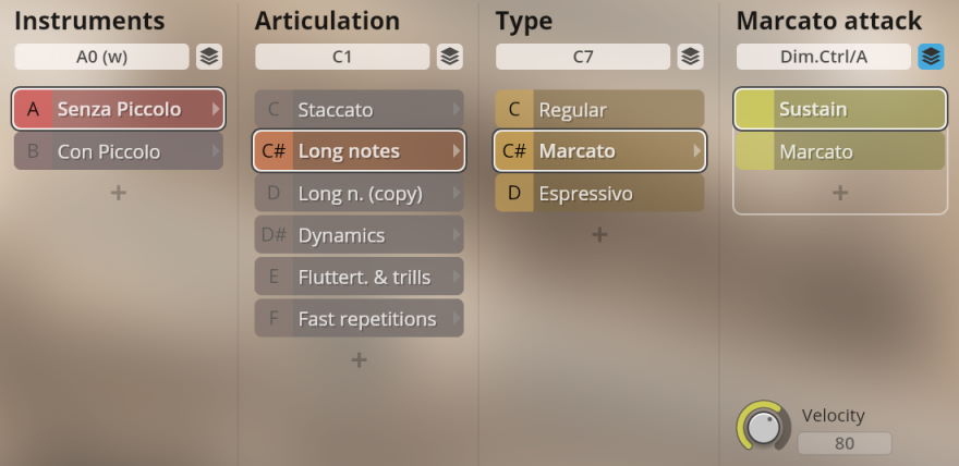 Screenshot of the Synchron Woodwinds virtual instrument software interface, showing selections of 'Senza Piccolo' for instruments, 'Long notes' for articulation, 'Marcato' for type, and 'Sustain' for marcato attack, with velocity set to 80.
