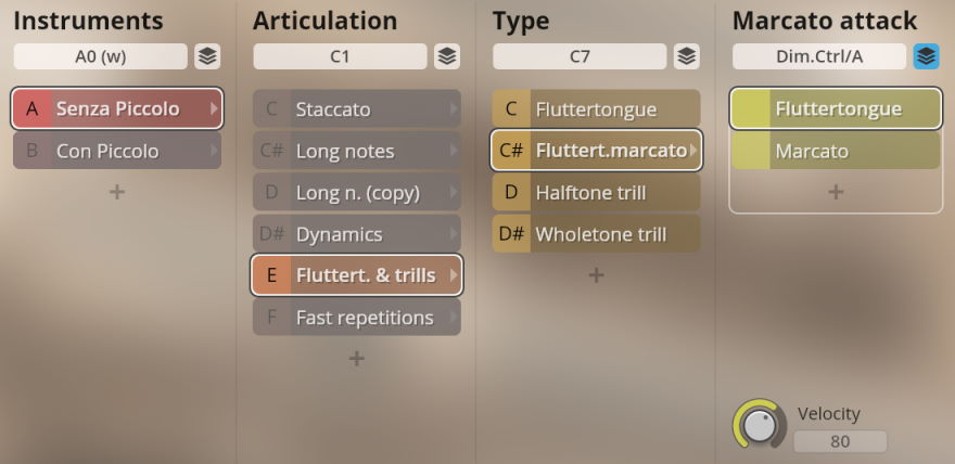 Synchron Woodwinds software interface showing instrument selection for Senza Piccolo, articulations including Fluttert. & trills, and Marcato attack settings.