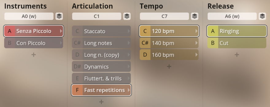 User interface for Synchron Woodwinds virtual instrument showing selectable options for instruments like Senza Piccolo, articulations such as Staccato and Fast Repetitions, tempo settings including 120 bpm, and release types like Ringing.