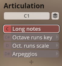 Screenshot of the Synchron Woodwinds Articulation menu, showing 'Long notes' highlighted, with options for Octave runs and Arpeggios.