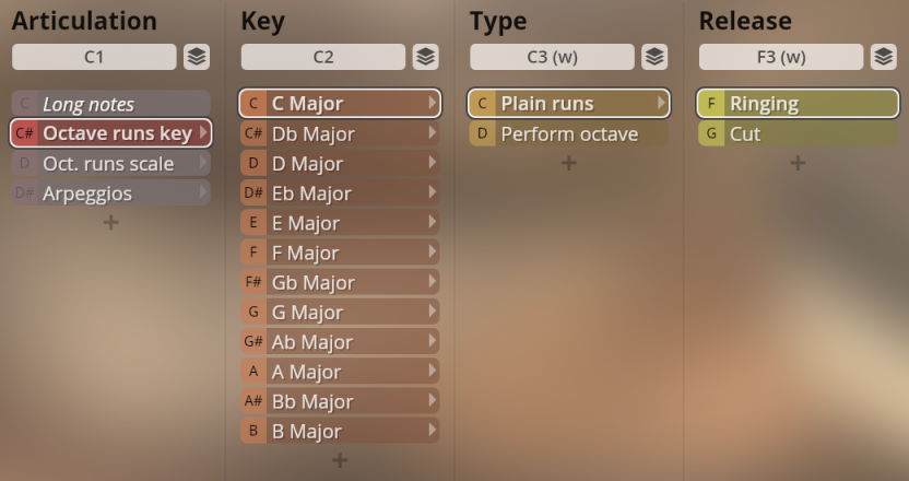Software interface displaying musical articulation, key, type, and release parameters for woodwind instruments.