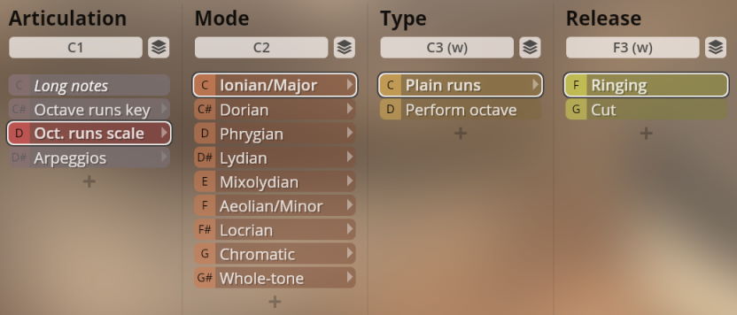 Screenshot of the Synchron Woodwinds virtual instrument interface showing articulation, mode, type, and release settings, with Octave runs scale selected for articulation, Ionian/Major for mode, Plain runs for type, and Ringing for release.