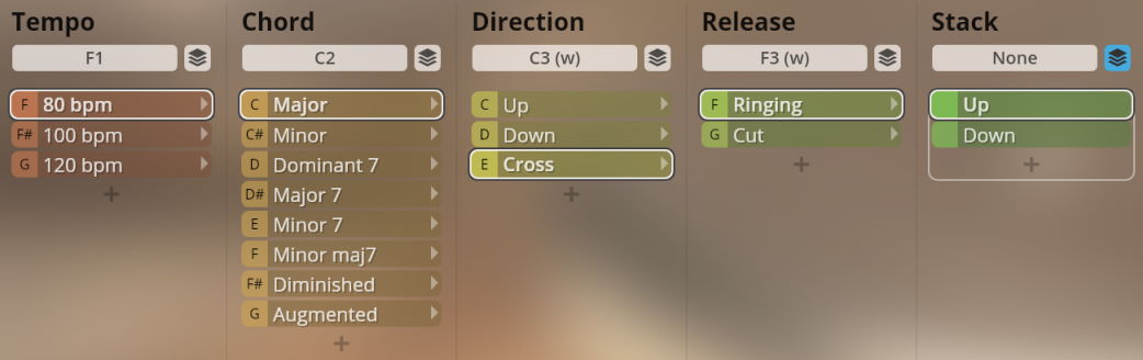 User interface showing configurable settings for sound parameters including tempo, chord type, direction, release, and stack options for Synchron Woodwinds.